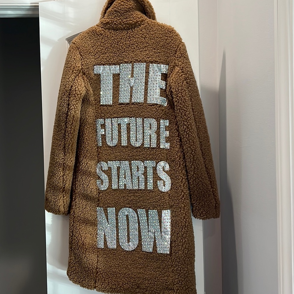 Custom crystal Sherpa trench coat THE FUTURE STARTS NOW size x small